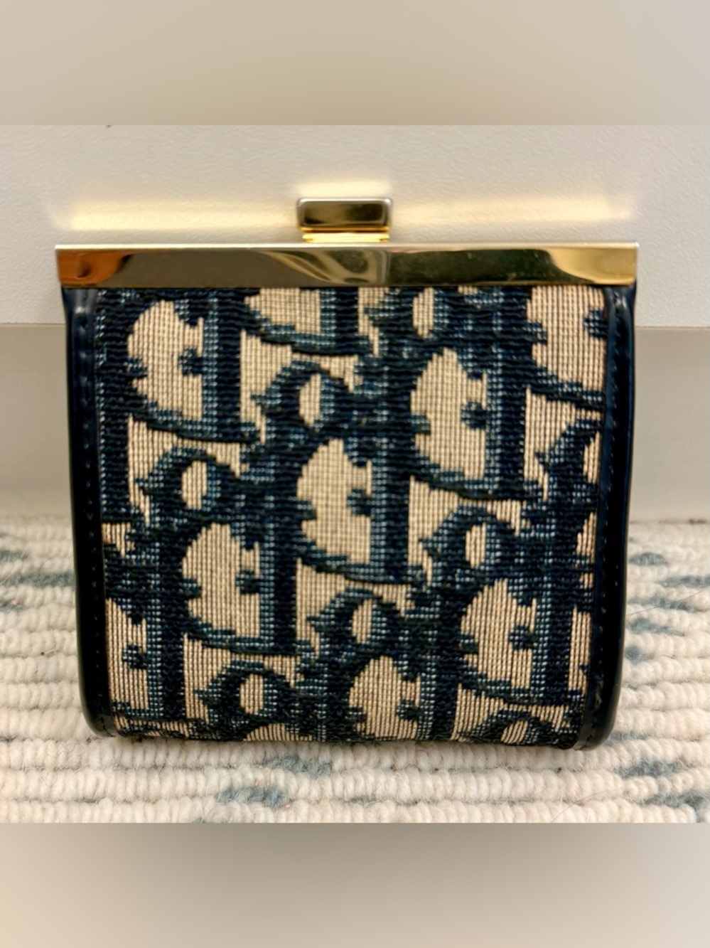 DIOR Vintage Rare Blue Trotter Monogram Canvas Kiss Lock Coin Purse W/ Gold - Picture 3 of 12